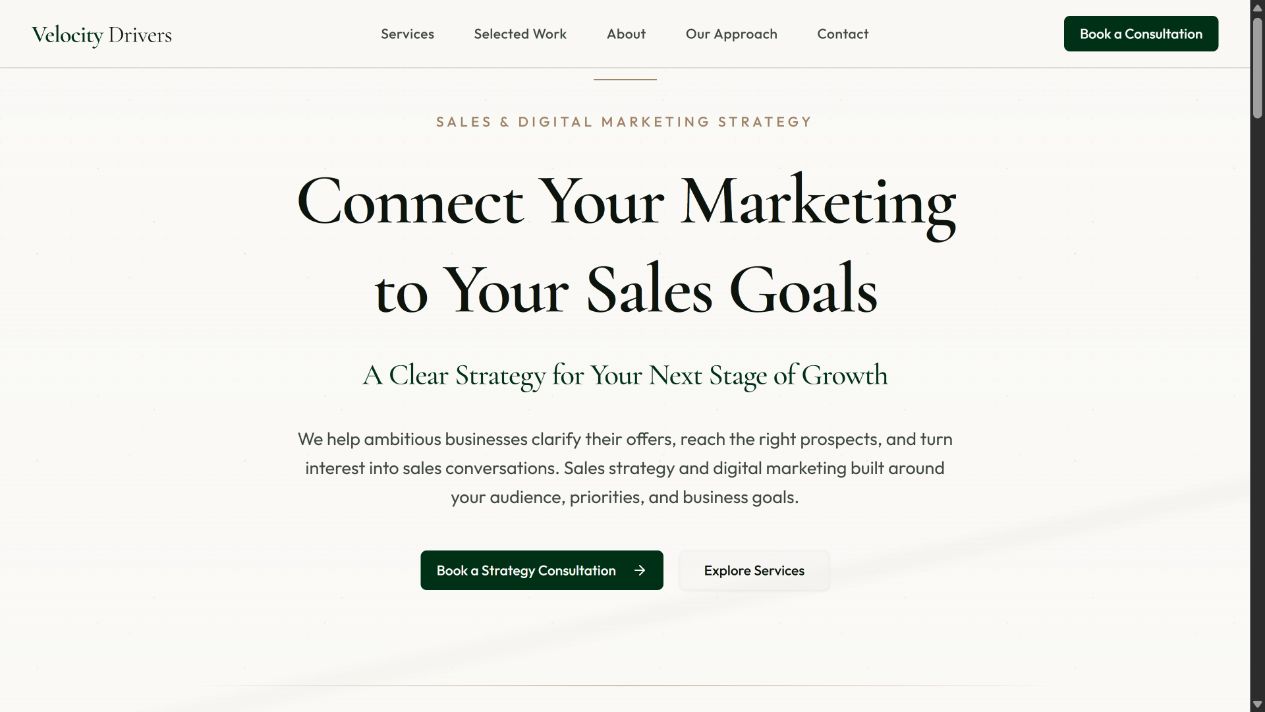 Screenshot of the Velocity Drivers sales and digital marketing website